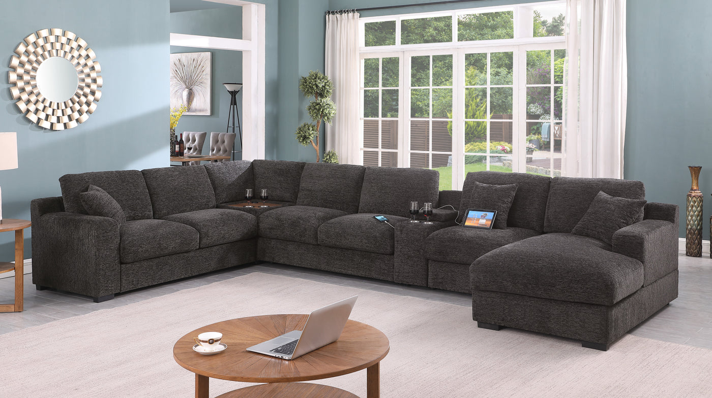 Celine 141.5" Gray Chenille Fabric Corner Sectional Sofa with Right-Facing Chaise, Cupholders, and Charging Ports