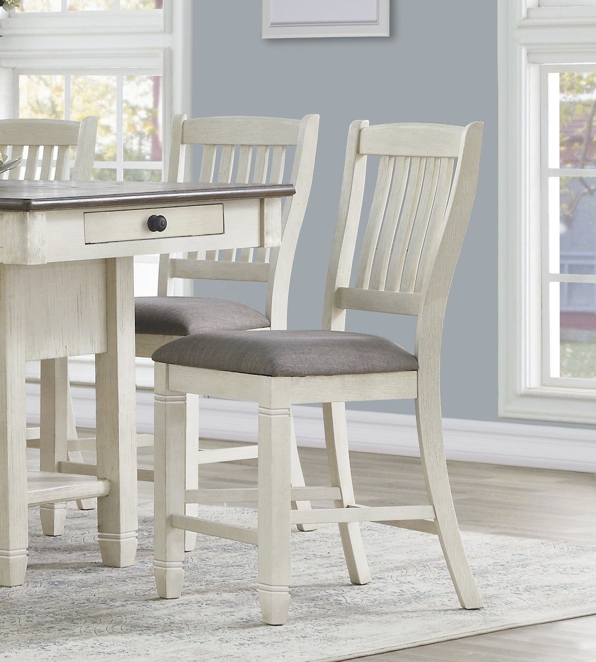 Antique White and Rosy-Brown Counter Height Dining 7pc Set Counter Height Table w Storage Display Shelf 4x Drawers Wine Rack and 6x Counter Height Chairs