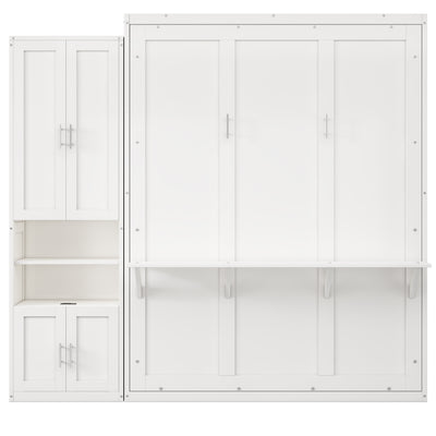 Queen Size Murphy Bed with 1 Side Cabinet Storage Shelf, 68-inch Cabinet Bed Folding Wall Bed with Desk Combo Perfect for Guest Room, Study, Office,White(old sku:BS300491AAC)