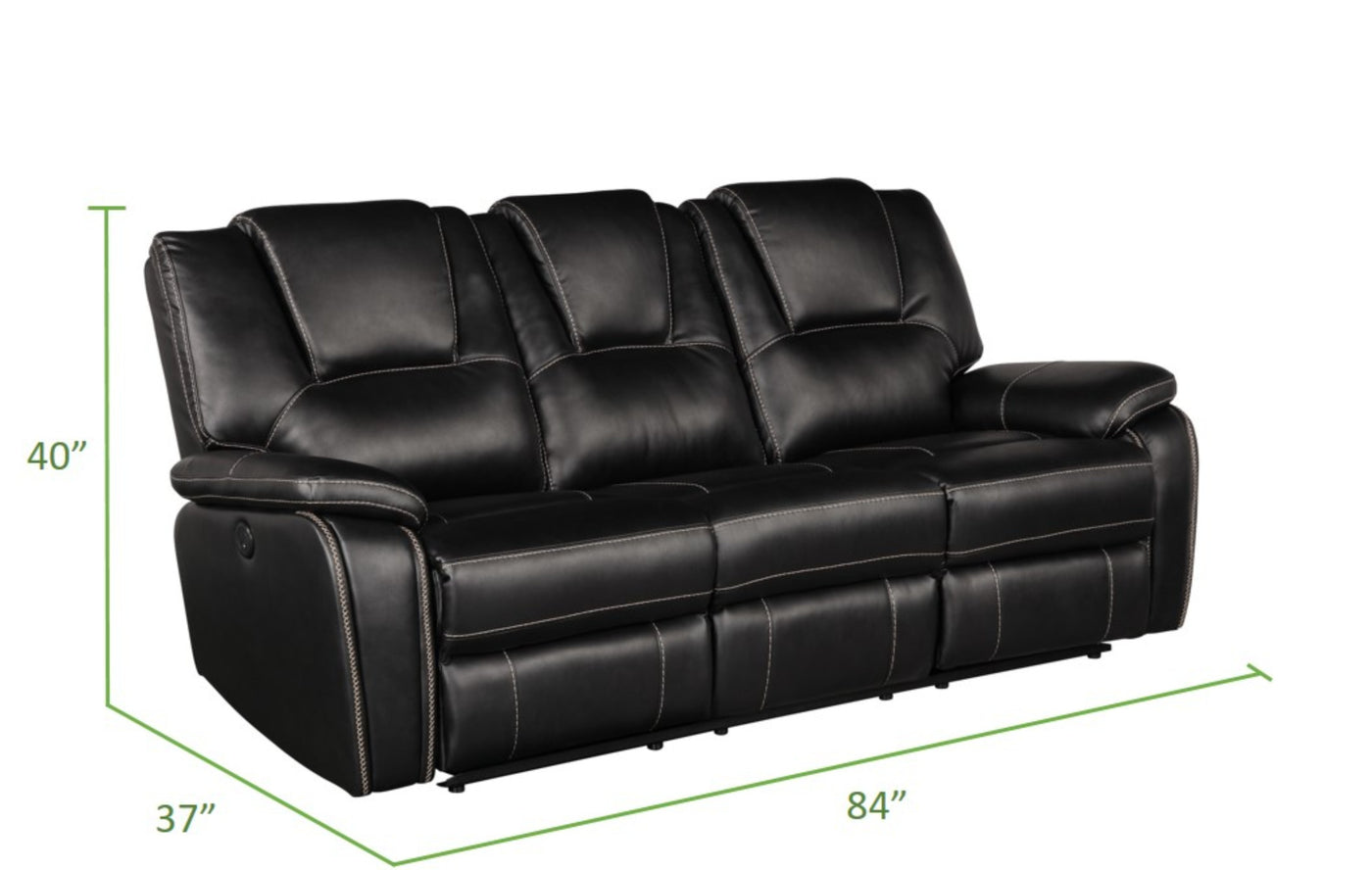 Hong Kong 3 Piece Power Reclining Sofa Set made with Faux Leather in Black