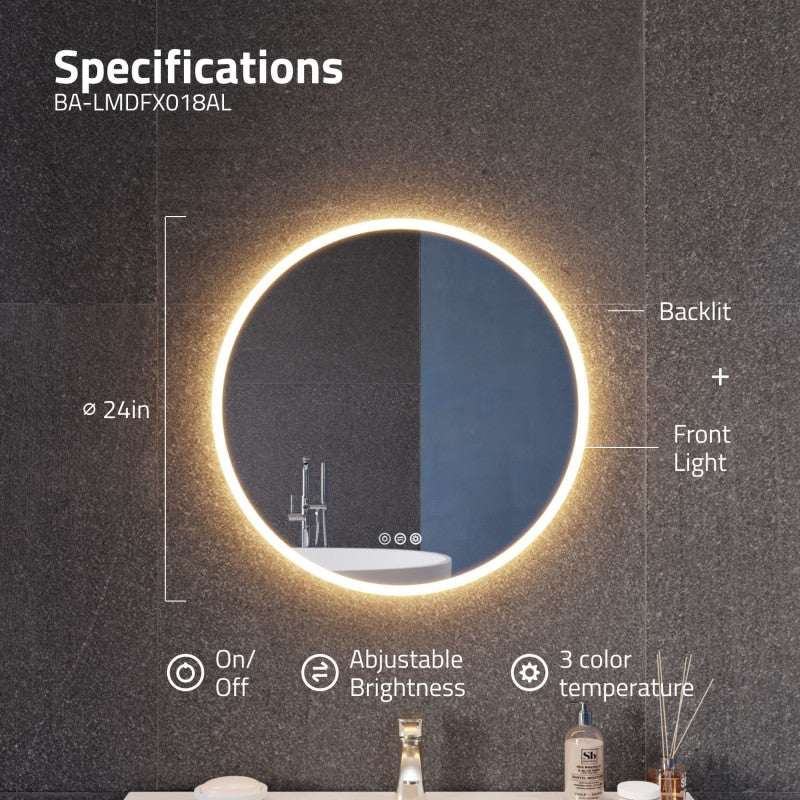 ANZZI 24-in. Diam. LED Front/Back Lighting Bathroom Mirror with Defogger BA-LMDFX018AL