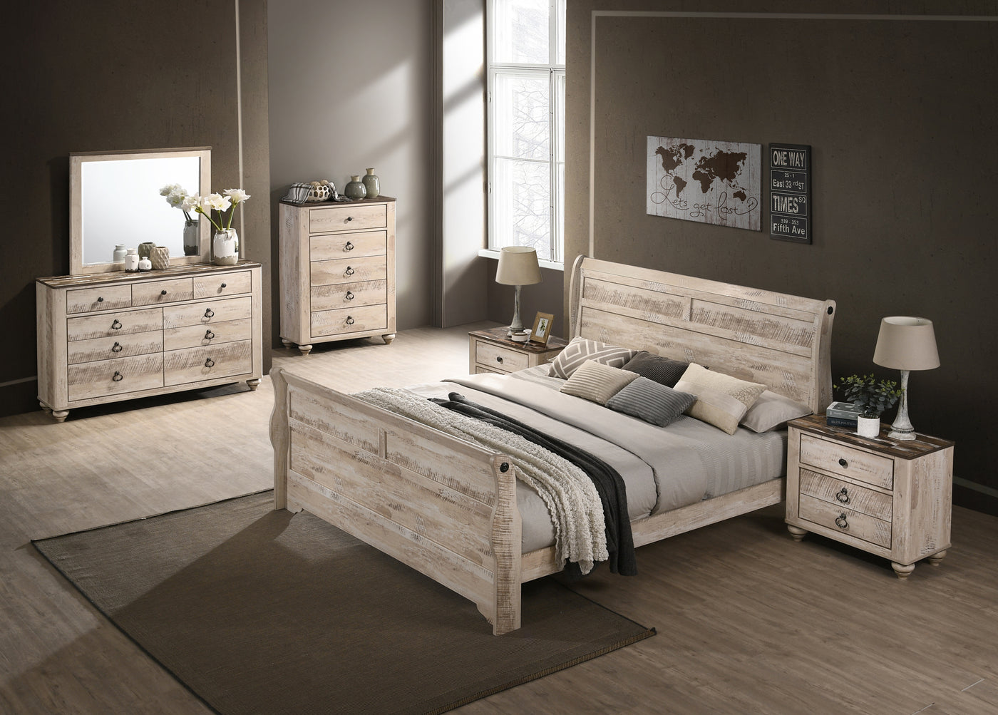 Imerland Contemporary White Wash Finish Bedroom Set with King Sleigh Bed, Dresser, Mirror, Two Nightstands, Chest