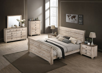 Imerland Contemporary White Wash Finish Bedroom Set with Queen Sleigh Bed, Dresser, Mirror, Two Nightstands, Chest