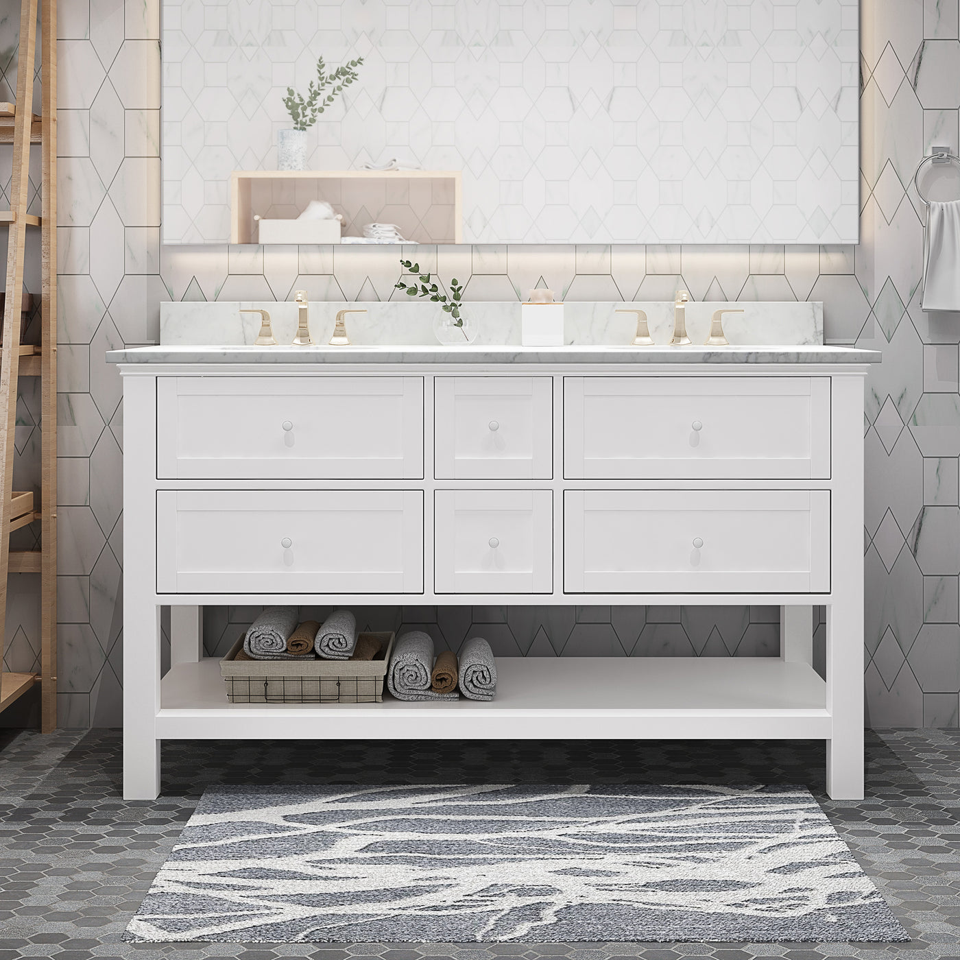 61'' Bathroom Vanity with Marble Top & Double Ceramic Sinks, 4 Drawers, Open Shelf, White