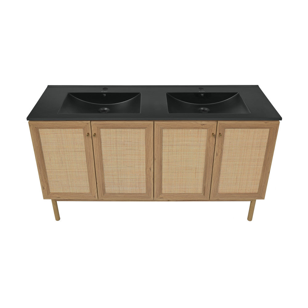 Swiss Madison Classe 60 in. Brown Oak, Double Basin Bathroom Vanity With Black Artificial Stone Sink Top SM-BV666DMB