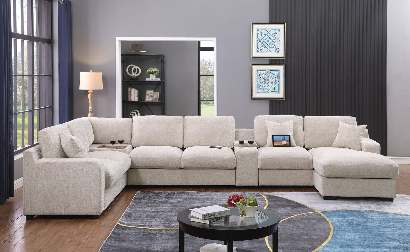 Celine 141.5" Beige Chenille Fabric Corner Sectional Sofa with Right-Facing Chaise, Cupholders, and Charging Ports