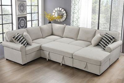 117" Oversized Sectional Sofa with Storage Chaise, Rolled Arms U Shaped Sectional Couch ,Removable Soft Backrest Cushions, with 4 Throw Pillows for Large Space Dorm Apartment,Beige