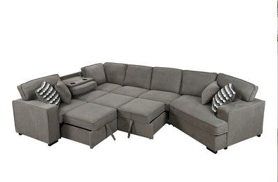 146"Oversized Upholstered Sectional Pull Out Sleeper Bed and Chaise Lounge, U-Shaped Sofa with 2 pull-out bed, 4 Pillows & 2 Cup Holders on Back Cushions for Home, Bedroom, Apartment, Light Grey