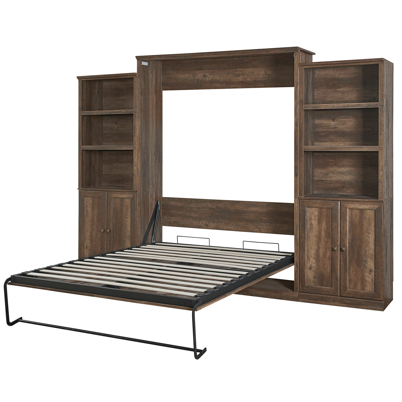 Queen Size Half Self-Close and Open Murphy Bed with 2 Side Cabinet Storage Shelf, Cabinet Space-Saving Bed Perfect for Guest Room, Bed Room, Guest Room, Home Office, Brown