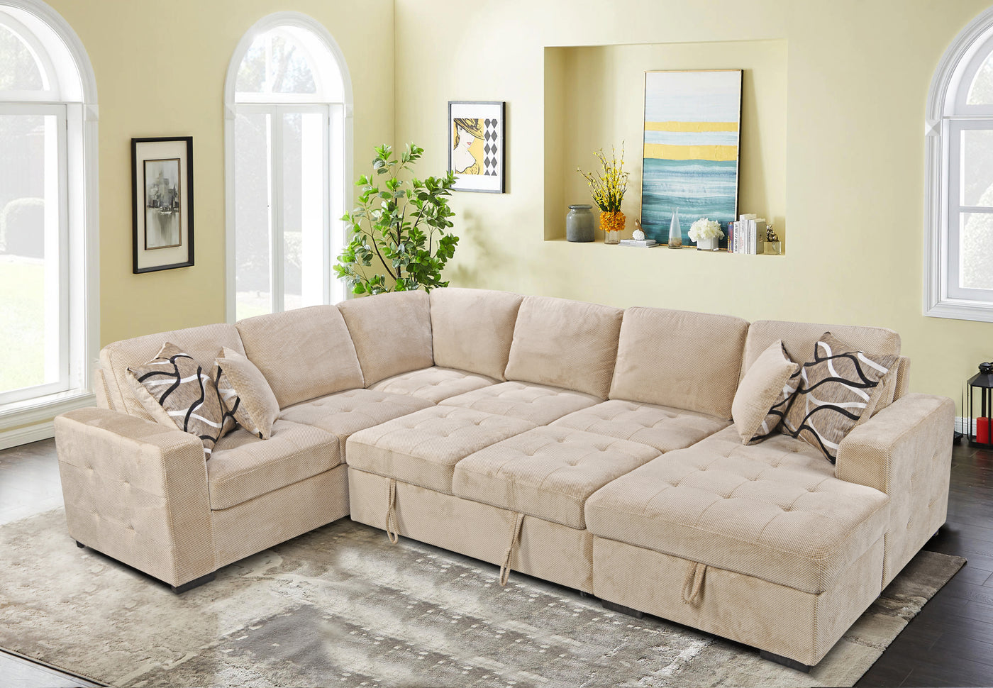 123" Oversized Sectional Sofa with Storage Chaise, U Shaped Sectional Couch with 4 Throw Pillows for Large Space Dorm Apartment. Beige