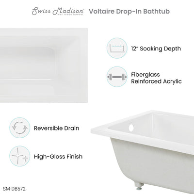 Swiss Madison Voltaire 54" x 30" Reversible Drain Drop-In Bathtub SM-DB572