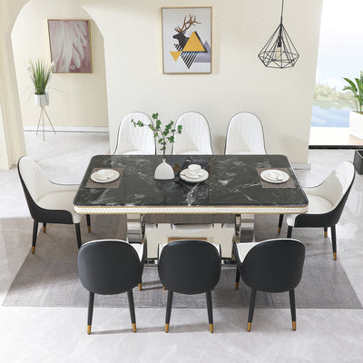 Luxury Modern Dining Table 78.7inch Black Dining Table with 8 chairs  Faux Marble Dining Table Top with Titanium-Plated Dual Circle Base with 8pcs Chairs  .