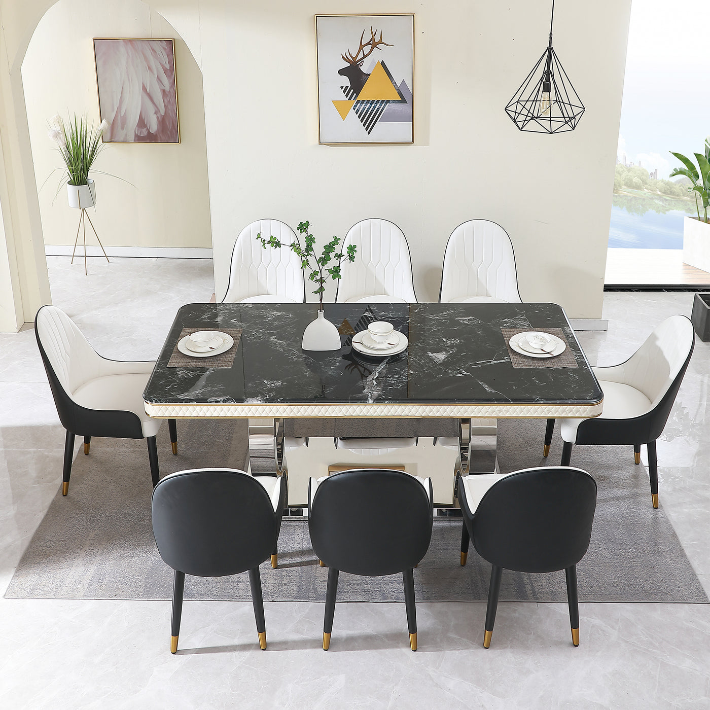 Luxury Modern Dining Table 78.7inch Black Dining Table with 8 chairs  Faux Marble Dining Table Top with  Dual Circle Base (Dining Table Only)