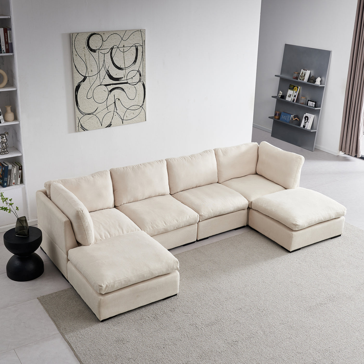 Modular Sofa with Ottoman,Filled with Down ,Soft Linen Fabric,Beige