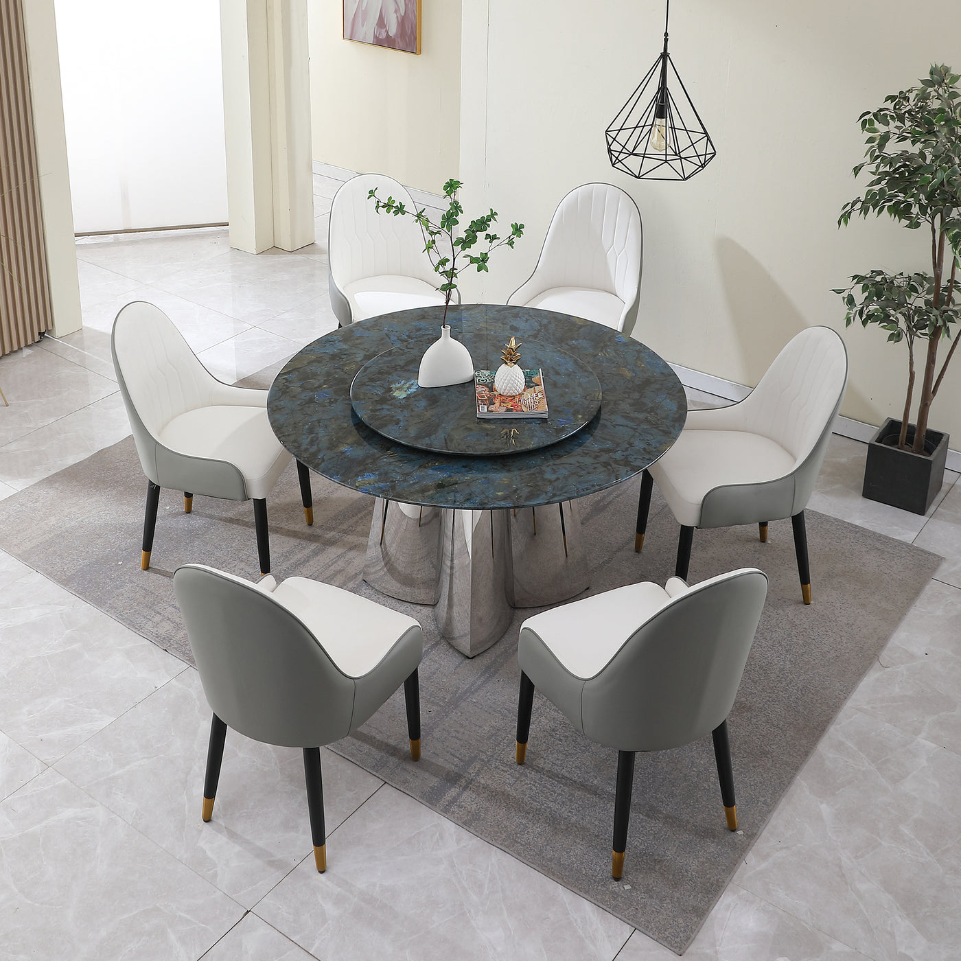 53.3"Modern Sintered stone dining table with 31.5" round turntable and metal exquisite pedestal with 6pcs Chairs