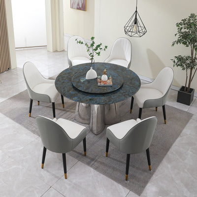 53.3"Modern Sintered stone dining table with 31.5" round turntable and metal exquisite pedestal with 6pcs Chairs