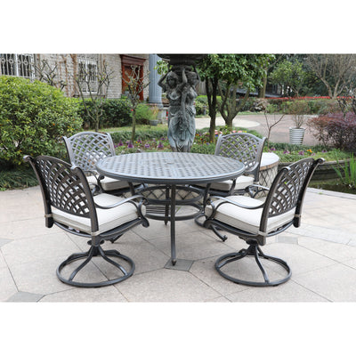 Cast Dessert Night Aluminum 5-Piece Round Dining Set With 4 Swivel Rockers, Sand dollar Cushions