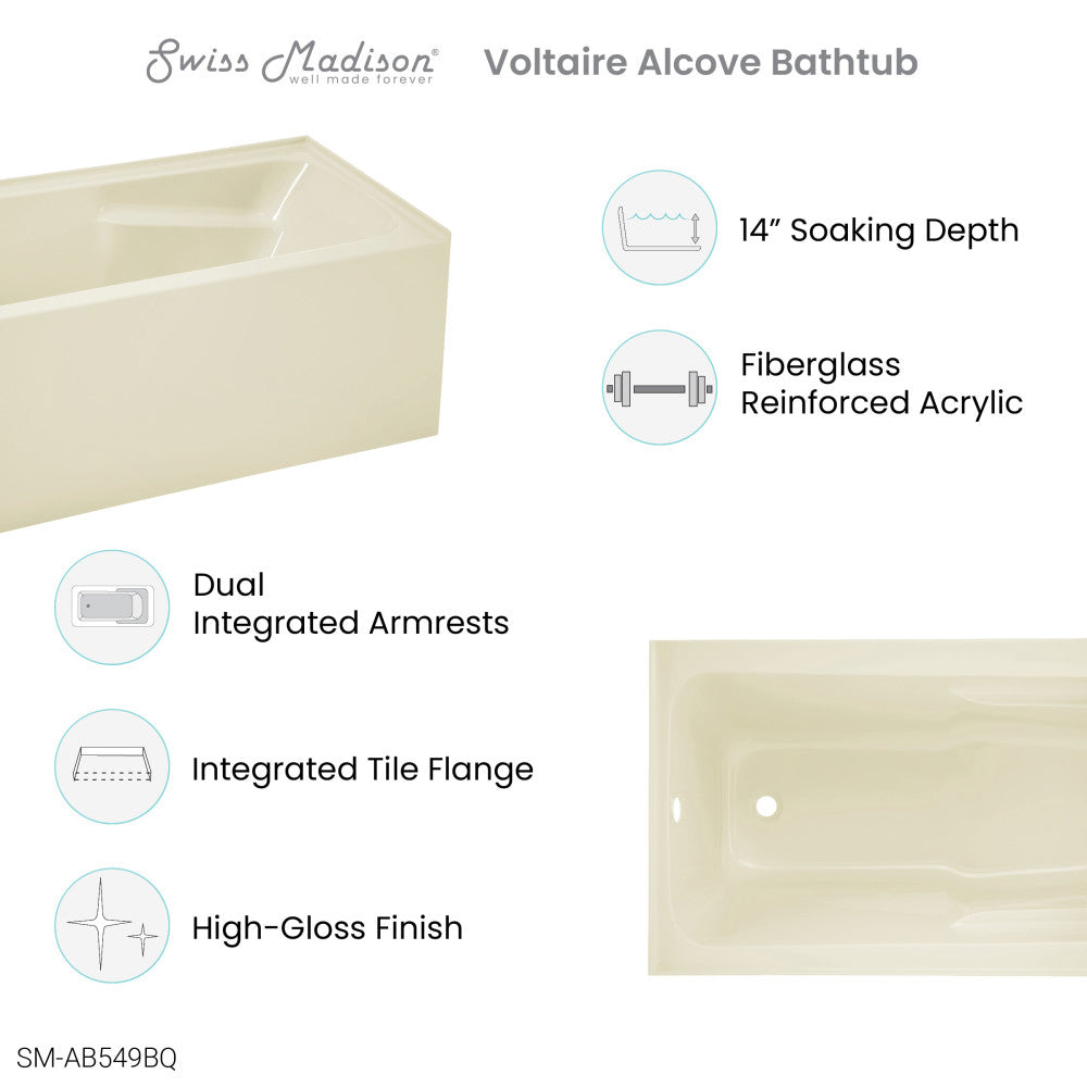 Swiss Madison Voltaire 54" x 30" Left-Hand Drain Alcove Bathtub with Apron in Bisque SM-AB549BQ