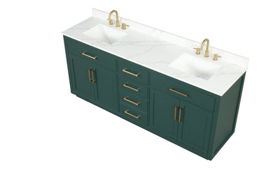 80" Bathroom Vanity with Double Sink, Freestanding Modern Bathroom Vanity with Soft-Close Cabinet and 3 Drawers, Solid Wood Bathroom Storage Cabinet with Quartz Countertop, Green