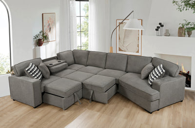 146"Oversized Upholstered Sectional Pull Out Sleeper Bed and Chaise Lounge, U-Shaped Sofa with 2 pull-out bed, 4 Pillows & 2 Cup Holders on Back Cushions for Home, Bedroom, Apartment, Light Grey