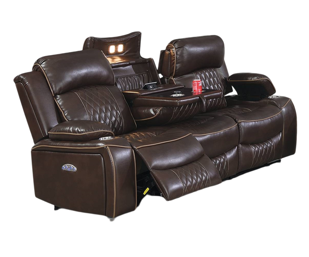 Power Motion Sofa 1pc Contemporary Brown Color Gel Leatherette Storage Arms w Cup Holder Living Room Furniture