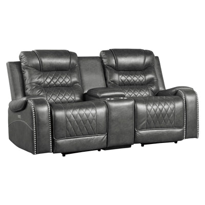 Luxurious Living Room Furniture 2pc Power Reclining Sofa Set Gray Breathable Faux Leather Upholstery Center Drop-Down Cup Holders, Power Outlets, USB Ports, Diamond Pattern Stitching