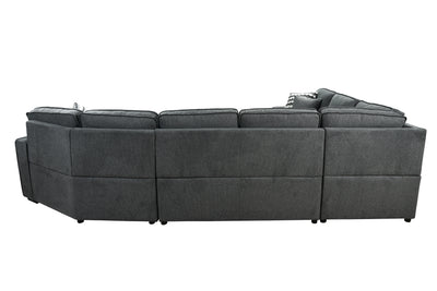 146"Oversized Upholstered Sectional Pull Out Sleeper Bed and Chaise Lounge, U-Shaped Sofa with 2 pull-out bed, 4 Pillows & 2 Cup Holders on Back Cushions for Home, Bedroom, Apartment, Dark Gray