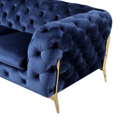 Reno Joni 97 Inch Modern Sofa, Chesterfield, Velour Fabric, Blue, Gold