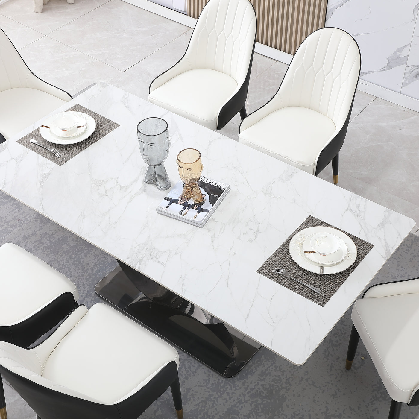 71-Inch Stone DiningTable with Carrara White color and Round special shape carbon steel  Pedestal Base with 6PCS Chairs