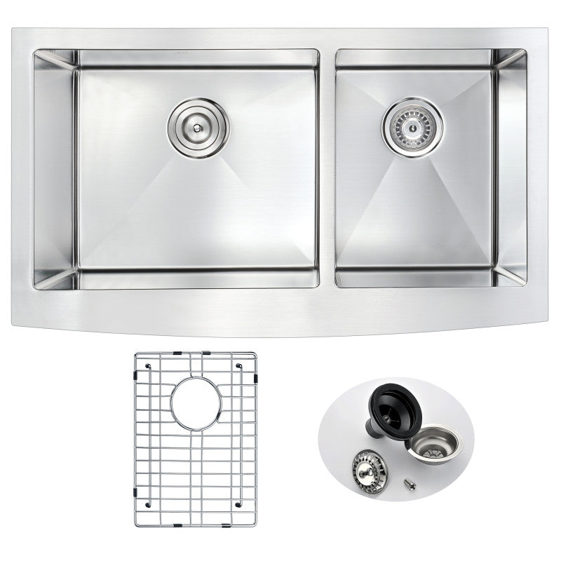 ANZZI Elysian Farmhouse Stainless Steel 33 in. 0-Hole 60/40 Double Bowl Kitchen Sink in Brushed Satin K-AZ3320-4A