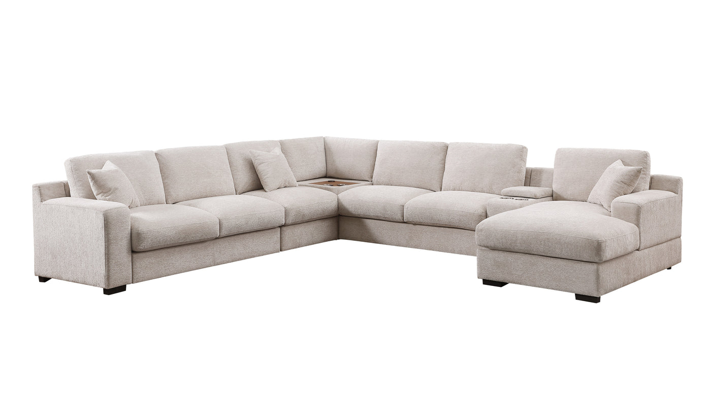 Celine 141.5" Beige Chenille Fabric Corner Sectional Sofa with Right-Facing Chaise, Cupholders, and Charging Ports