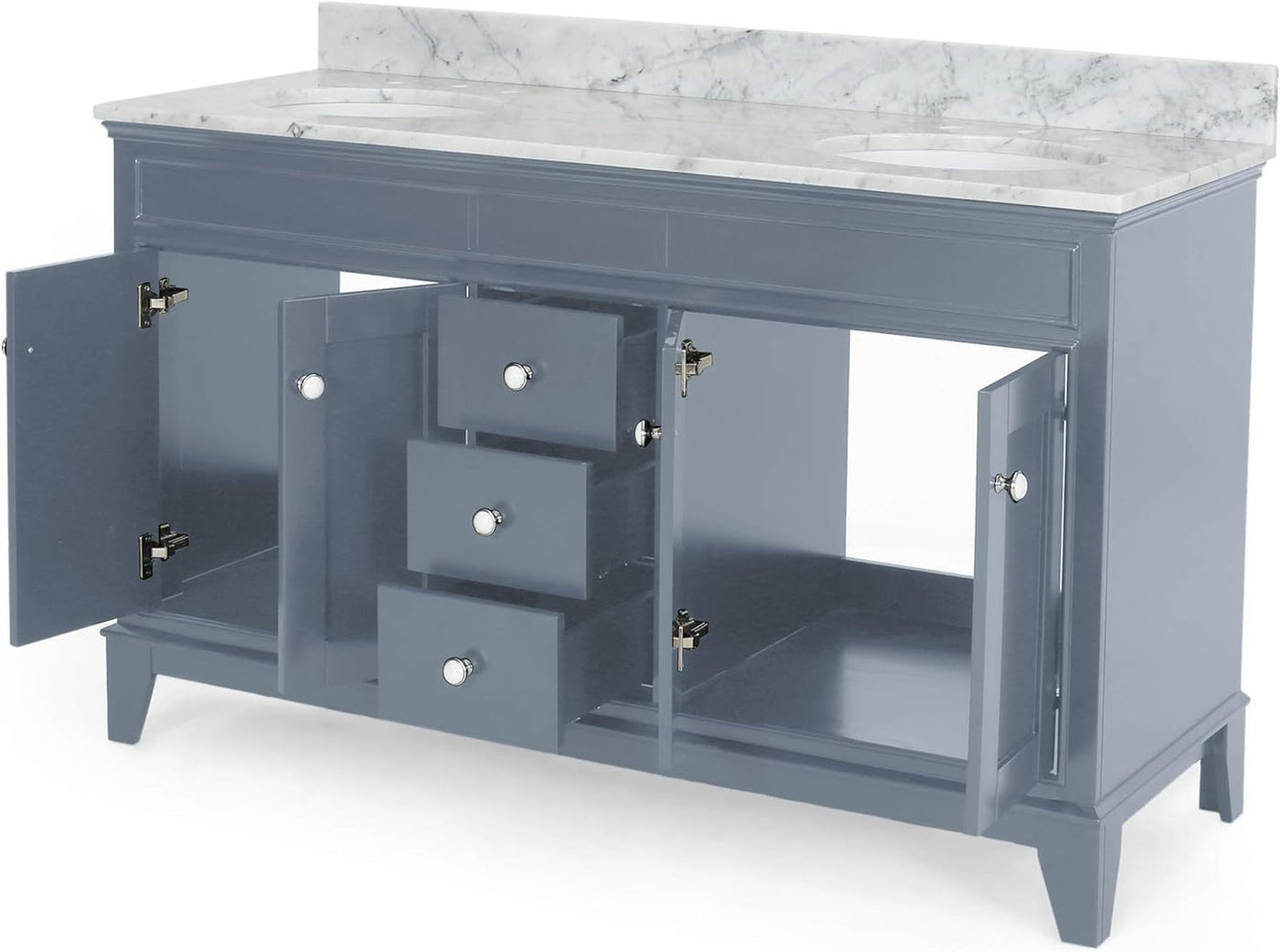 61'' Bathroom Vanity with Marble Top & Double Ceramic Sinks, 3 Drawers, 4 Doors, Gray