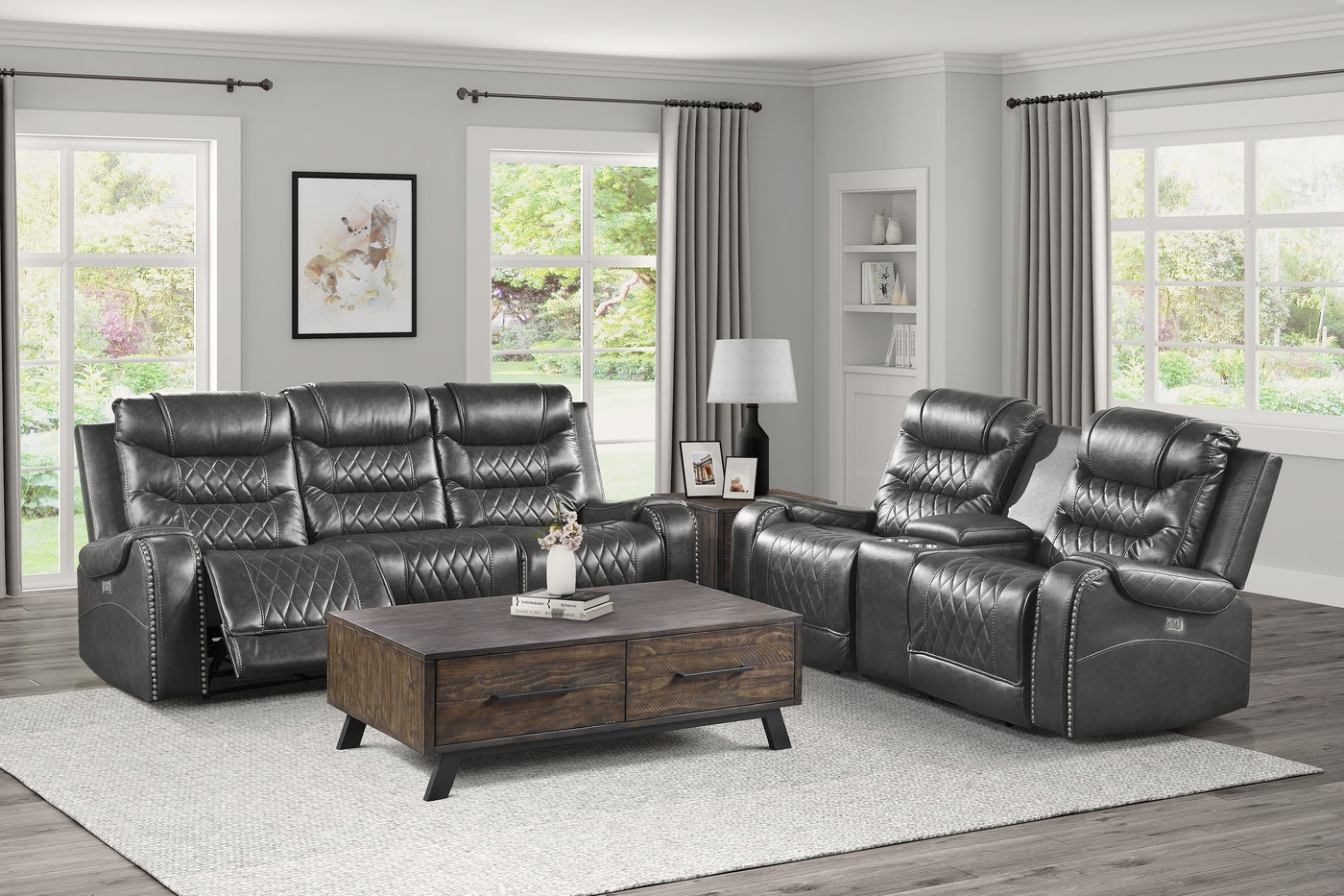 Luxurious Living Room Furniture 2pc Power Reclining Sofa Set Gray Breathable Faux Leather Upholstery Center Drop-Down Cup Holders, Power Outlets, USB Ports, Diamond Pattern Stitching