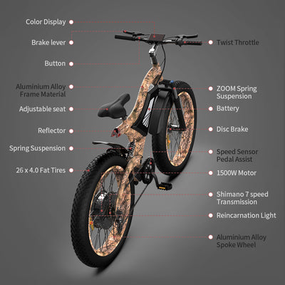 AOSTIRMOTOR S18-1500W 26" 1500W Electric Bike Fat Tire 48V 15AH Removable Lithium Battery Mountain Bicycle Shimanos Bicycle Full Suspension MTB Bikes for Adults