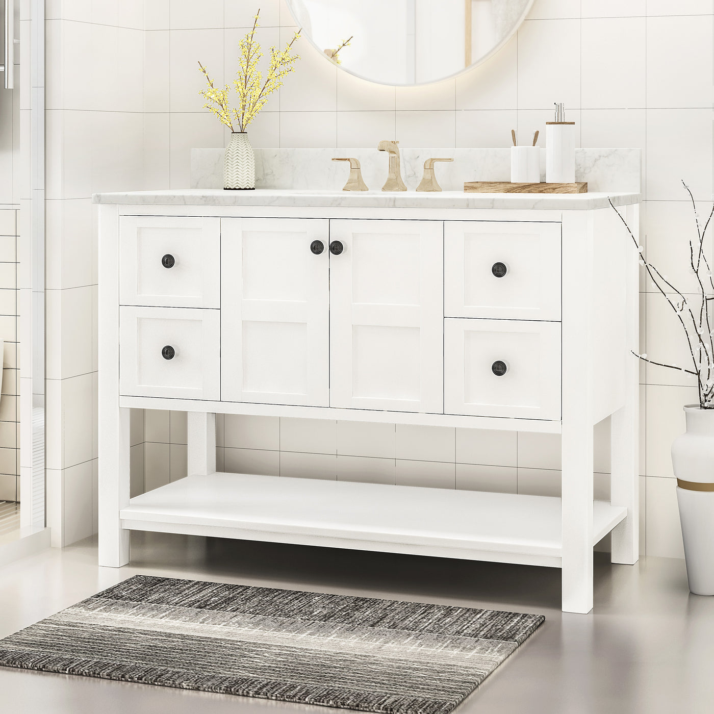 49'' Bathroom Vanity with Marble Top & Ceramic Sink, Two Doors, 4 Drawers, Open Shelf, White