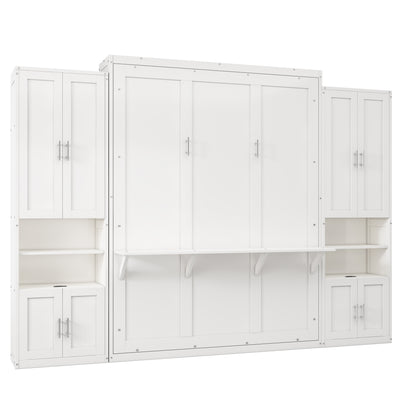 Queen Size Murphy Bed with 2 Side Cabinet Storage Shelves, 68-inch Cabinet Bed Folding Wall Bed with Desk Combo Perfect for Guest Room, Study, Office,White(old sku:BS400491AAC)