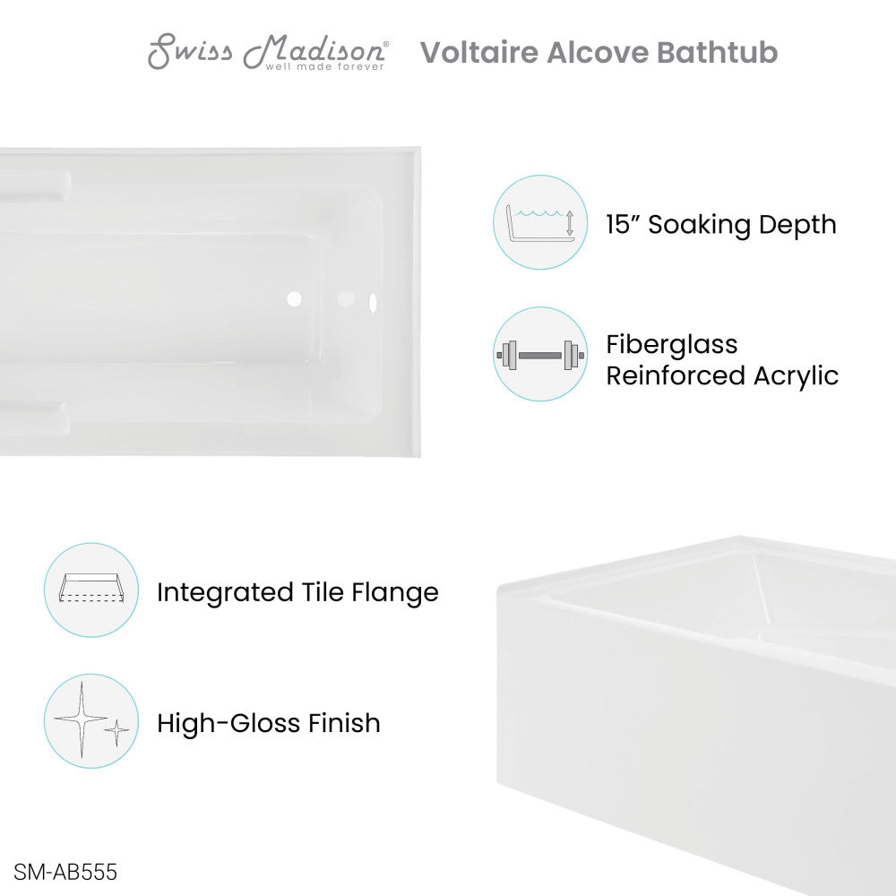 Swiss Madison Voltaire 72" x 36" Right-Hand Drain Alcove Bathtub with Apron and Armrest SM-AB555