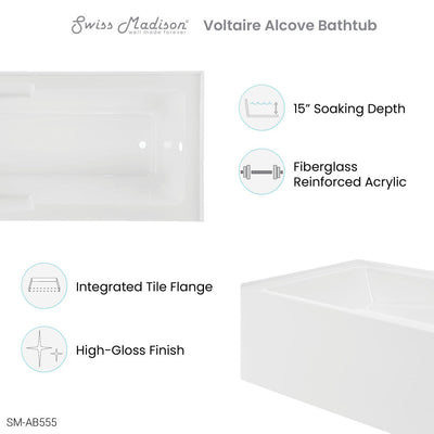 Swiss Madison Voltaire 72" x 36" Right-Hand Drain Alcove Bathtub with Apron and Armrest SM-AB555