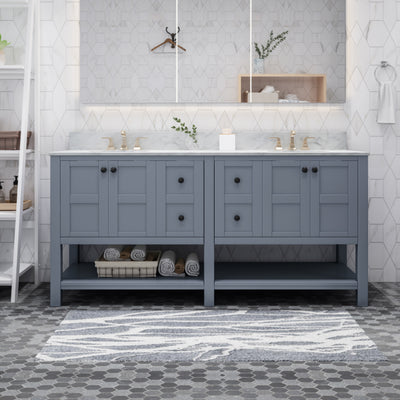 73'' Bathroom Vanity with Marble Top & Double Ceramic Sinks, 4 Doors, 4 Drawers, Open Shelf, Gray