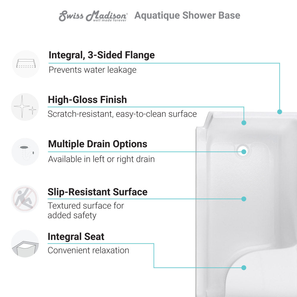 Swiss Madison Aquatique 60" x 32" Single Threshold Shower Base With Right Hand Drain and Integral Left Hand Seat in White SM-SB538W