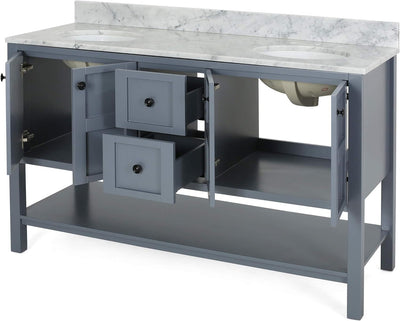 61'' Bathroom Vanity with Marble Top & Double Ceramic Sinks, 4 Doors, 2 Drawers, Open Shelf, Gray