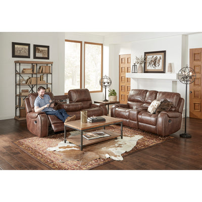 Achern Brown Leather-Air Nailhead Manual Reclining Sofa and Loveseat with Storage Console and USB Port