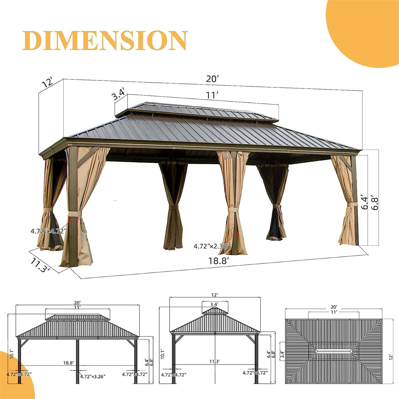 12'x20' Hardtop Gazebo, Outdoor Aluminum Frame Canopy with Galvanized Steel Double Roof, Outdoor Permanent Metal Pavilion with Curtains and Netting for Patio,Backyard and Lawn (Brown)