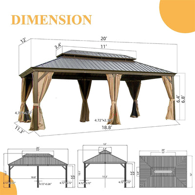 12'x20' Hardtop Gazebo, Outdoor Aluminum Frame Canopy with Galvanized Steel Double Roof, Outdoor Permanent Metal Pavilion with Curtains and Netting for Patio,Backyard and Lawn (Brown)