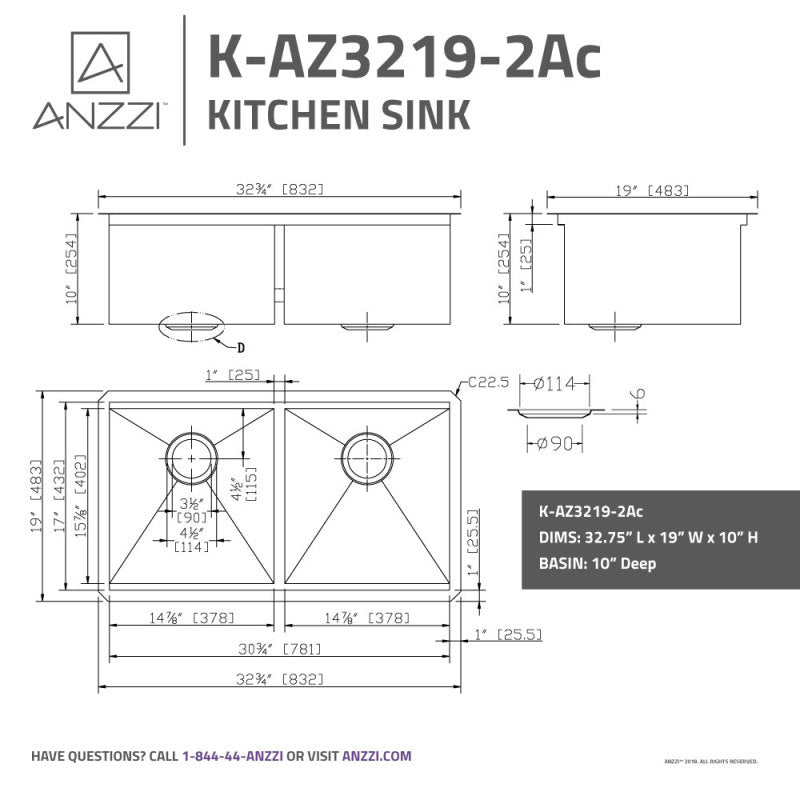 ANZZI Aegis Undermount Stainless Steel 32.75 in. 0-Hole 50/50 Double Bowl Kitchen Sink with Cutting Board and Colander K-AZ3219-2Ac