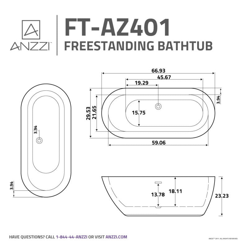 ANZZI Ami 67 in. Acrylic Flatbottom Freestanding Bathtub FT-AZ401