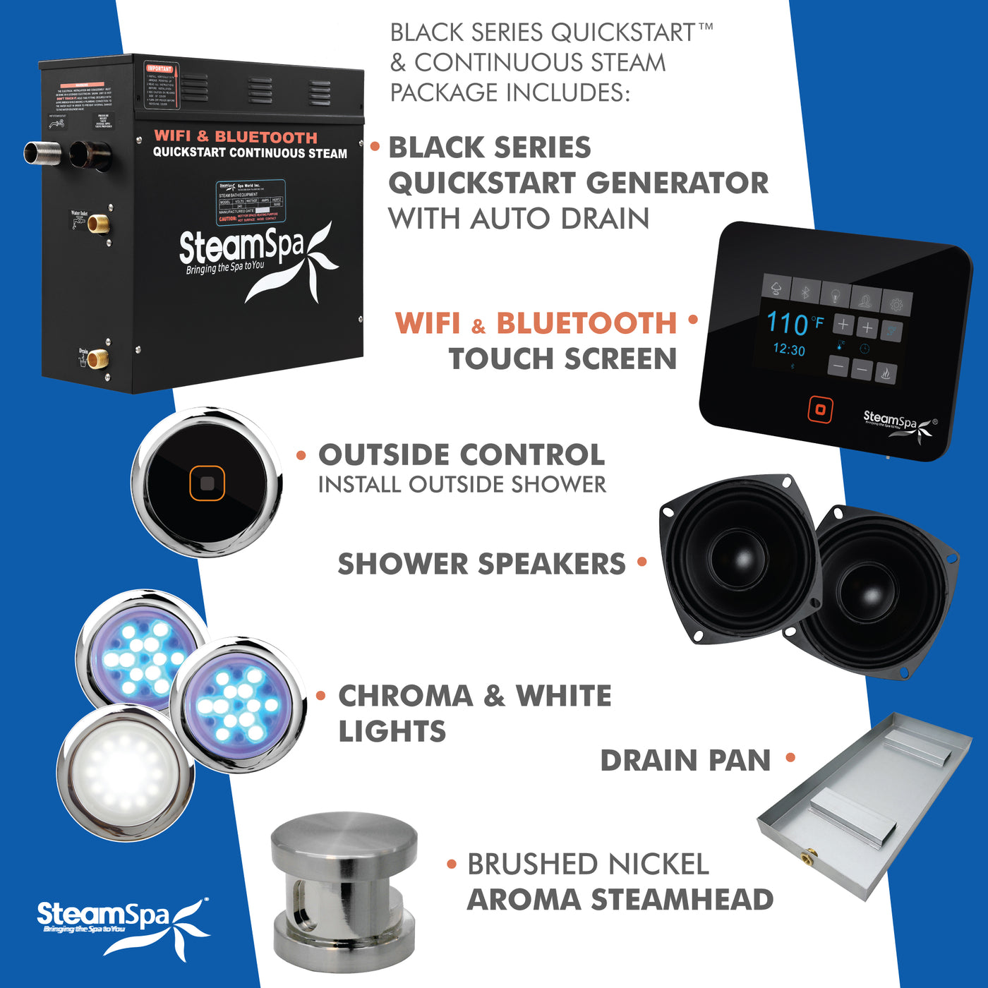 Black Series WiFi and Bluetooth 6kW QuickStart Steam Bath Generator Package with Dual Aroma Pump in Brushed Nickel BKT600BN-ADP