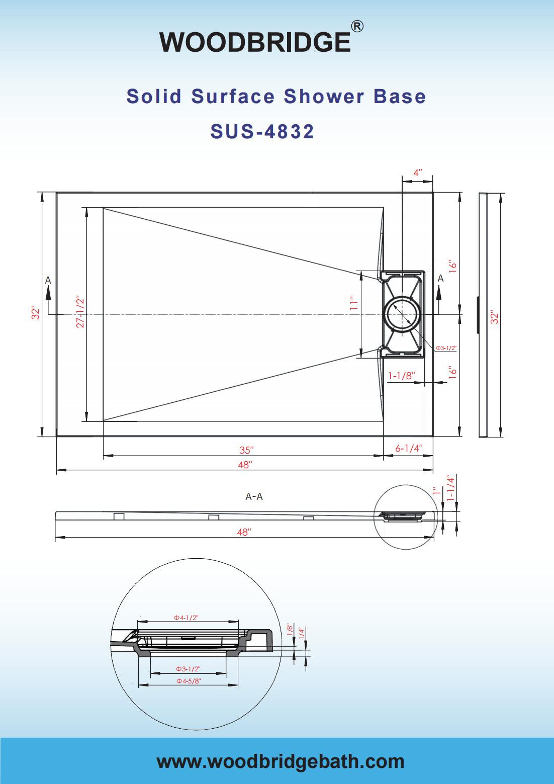 WOODBRIDGE 48-in L x 32-in W Zero Threshold End Drain Shower Base with Reversable Drain Placement, Matching Decorative Drain Plate and Tile Flange, Wheel Chair Access, Low Profile, White