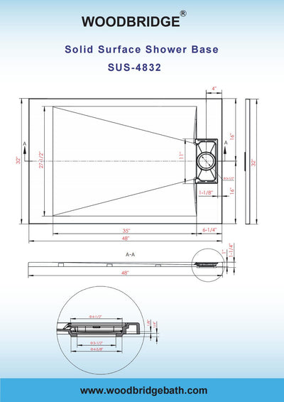 WOODBRIDGE 48-in L x 32-in W Zero Threshold End Drain Shower Base with Reversable Drain Placement, Matching Decorative Drain Plate and Tile Flange, Wheel Chair Access, Low Profile, White