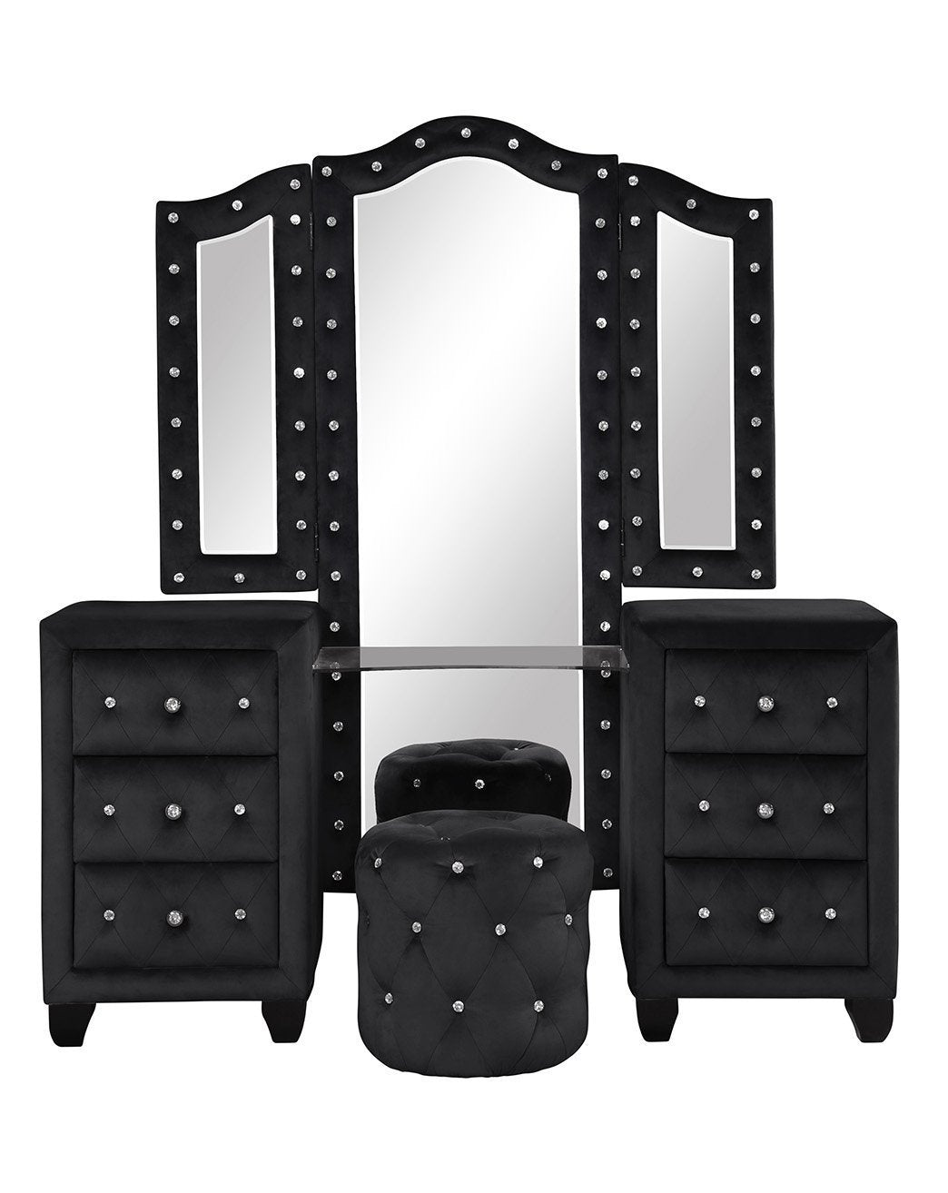 Maya Crystal Tufted Queen 4 Pc Vanity Bedroom Set Made with Wood in Black